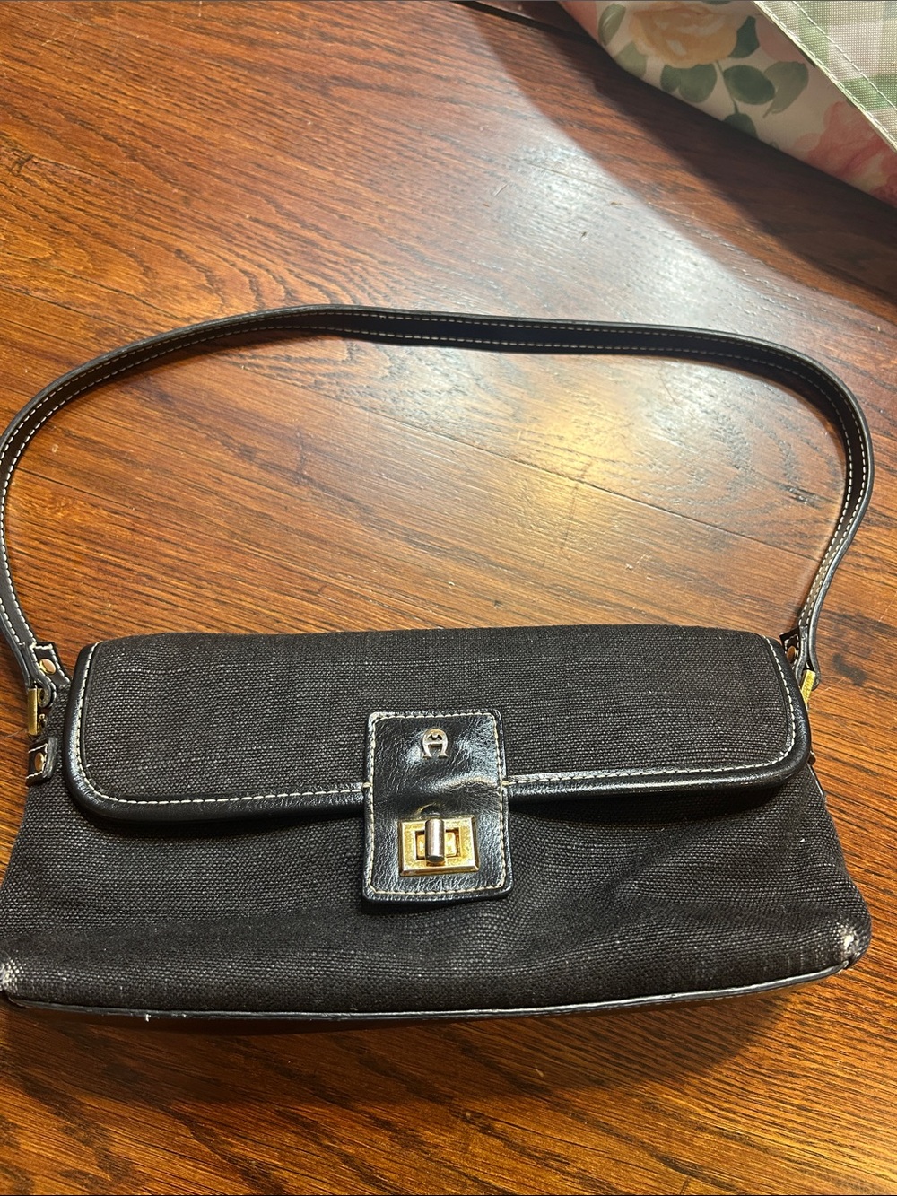 Vintage Aigner Black canbas Shoulder Bag with Gold Turn-Lock